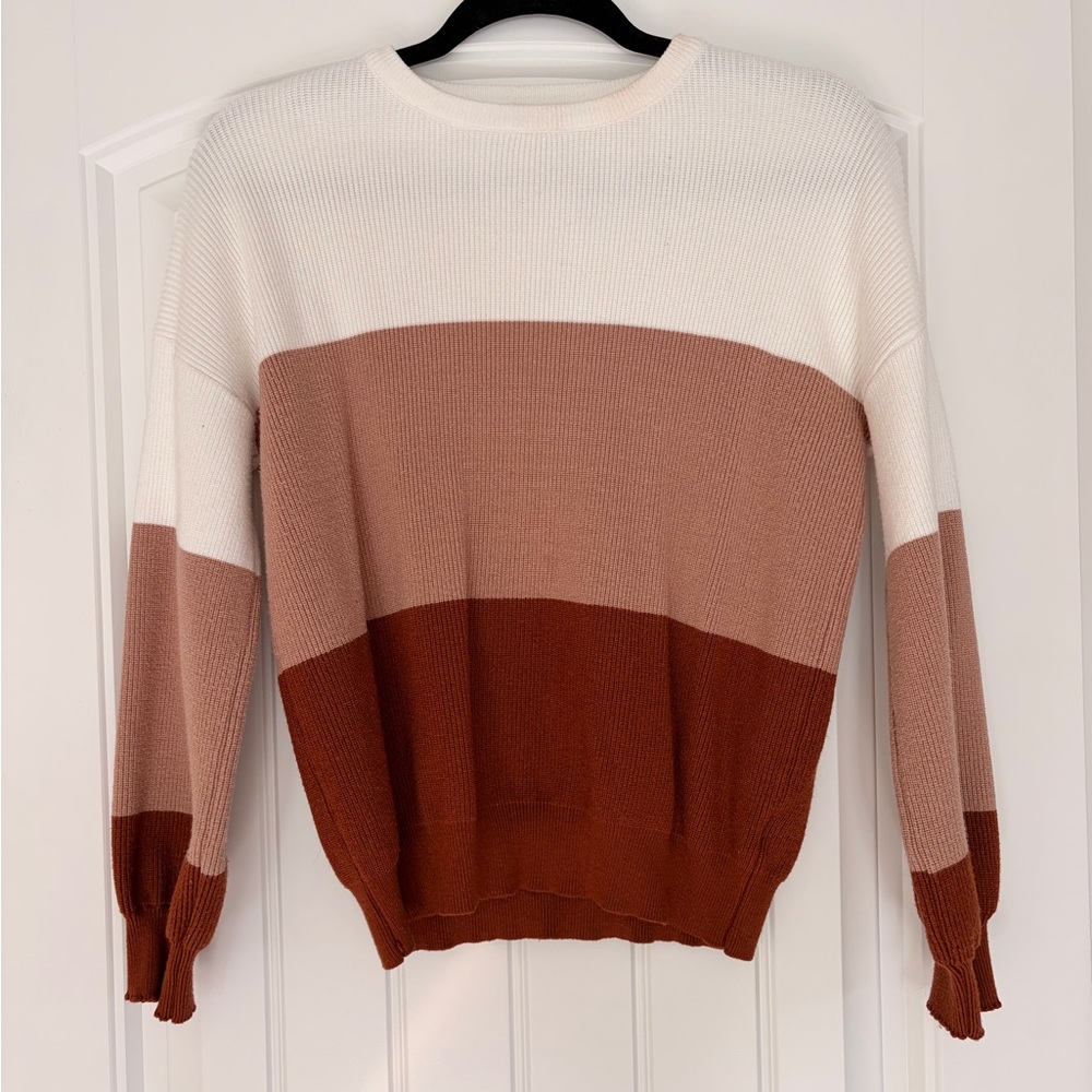 SHEIN Tricolor Crew Neck Sweater - Cream, Tan, Brown